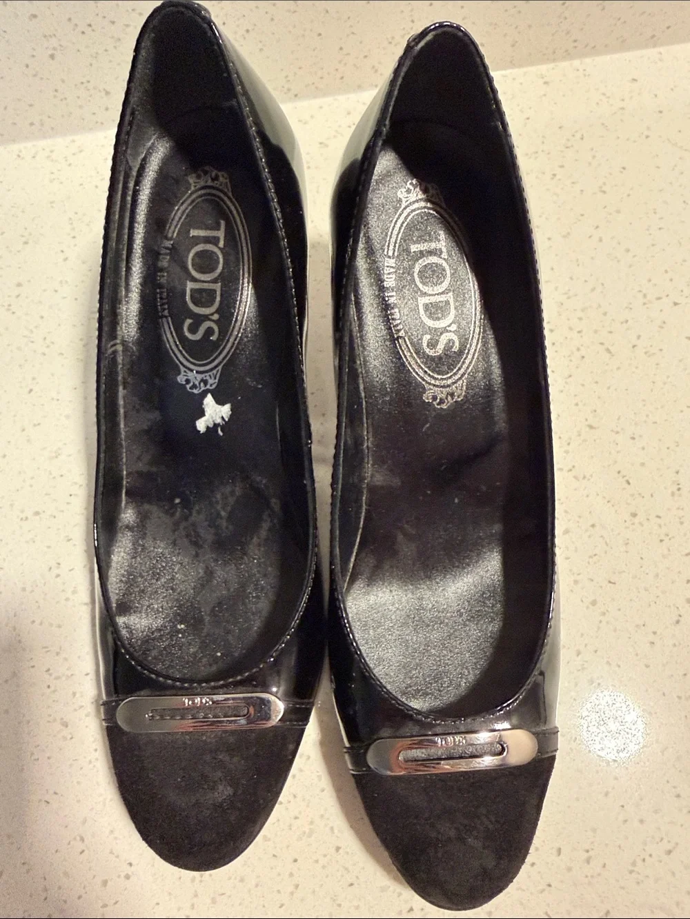 Tod's Black Patent and Suede Cap-Toe Pump